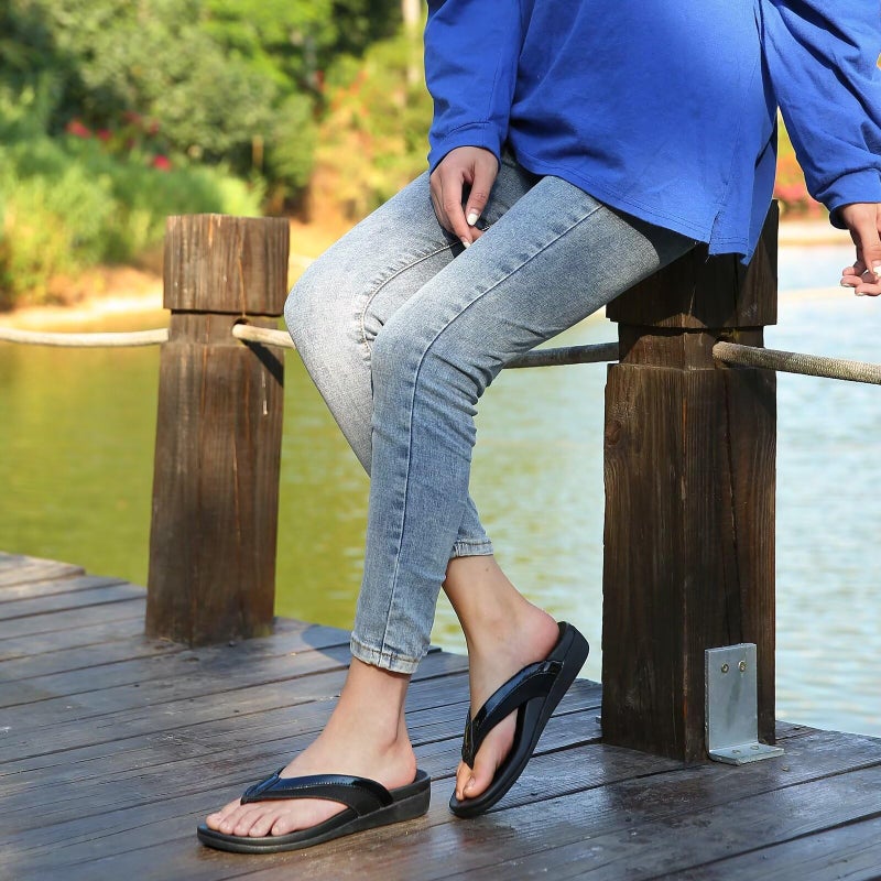 MEGNYA Ladies Orthopedic Flip Flops for Diabetic, Fancy Plantar Fasciitis Foam Sandals for Flat Feet, Comfort Walking Thong Slippers with High Arch Support black size 7 - Image 2
